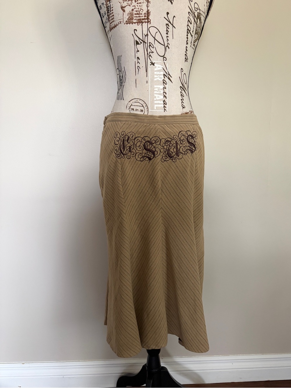 Y2K Gsus Sindustries Tan Stripe Grunge Embroidered Midi Skirt | Office Goth